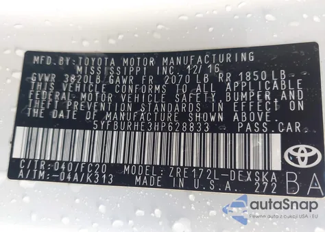 2017 Toyota Corolla Se из США, поврежденный, VIN 5YFBURHE3HP628833